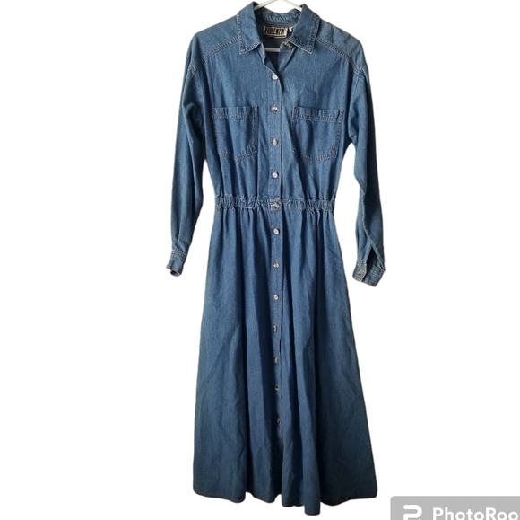 Forenza Vintage Denim Full Button Down Collared Long Sleeve Maxi Dress Size 8 - Picture 1 of 15